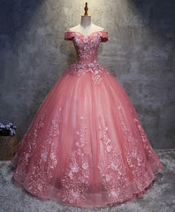 Party Dresses Long Dress, Pink Tulle Lace Off Shoulder Long Prom Dress, Pink Tulle Evening Dress, 1