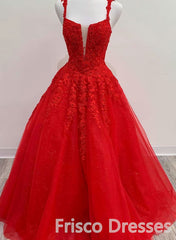 Engagement Dress, Red Tulle Lace A Line Formal Evening Dresses Appliques Long Prom Dresses
