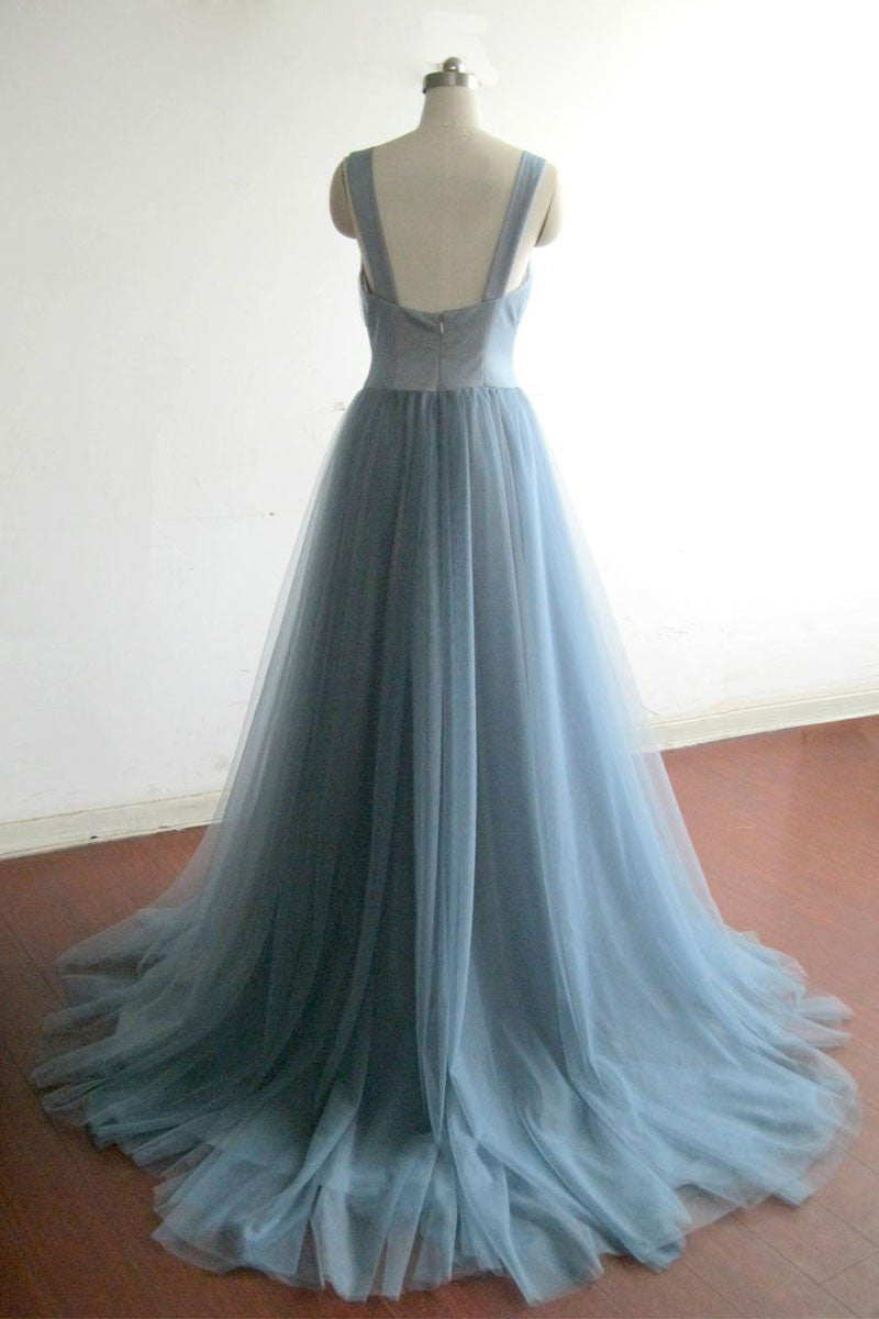 Prom Dresses 2019, Simple gray blue tulle long prom dress, evening dress