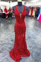 Evening Dress Long Sleeve Maxi, Red Sequin Plunge V Backless Mermaid Long Prom Dress with Slit