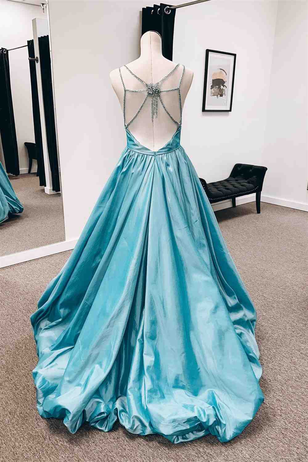 Party Dress Luxury, Jade A-line V Neck Cage-Strap Back Satin Long Prom Dress