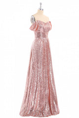 Evening Dress 2038, Rose Gold Sequin Off-the-Shoulder A-Line Long Bridesmaid Dress