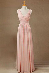 Formal Dresses Midi, Elegant Plush Pink V-Neck Open Back A-Line Long Bridesmaid Dress
