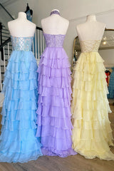 Party Dress Website, Lavender Illusion Halter Flower Appliques Multi-Layers Long Prom Dress