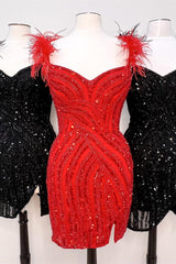 Party Dress Up Ideas Halloween Costumes, Red V Neck Feathers Sequins Sheath Homecoming Dress