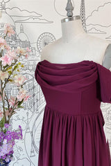 Homecoming Dresses With Tulle, Raspberry Off-the-Shoulder Cowl Neck Chiffon Long Bridesmaid Dress