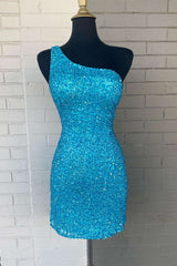 Prom Dresses Inspiration, Blue Sequin One-Shoulder Cutout Bodycon Homecoming Dress