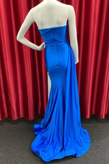 Evening Dresses Dresses, Royal Blue Cowl Strapless Mermaid Satin Long Prom Dress with Slit