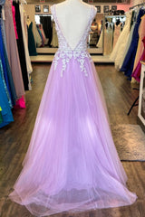 Bridesmaids Dresses Peach, Lilac A-line Beaded Appliques Sleeveless Plunging V Neck Tulle Long Prom Dress