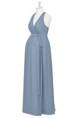 Evening Dress With Sleeves, Dusty Blue Halter Backless Maternity Bridesmaid Dress