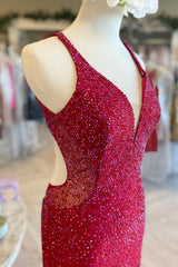 Homecoming Dresses 29 Year Old, Red Beaded Plunge V Mermaid Long Formal Dress