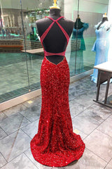 Evening Dress Maxi Long Sleeve, Red Sequin Plunge V Backless Mermaid Long Prom Dress with Slit