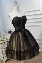 Prom Dress Long Sleeved, A-Line Black Lace Sweetheart Homecoming Dress