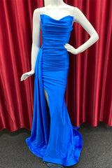 Evening Dress Styles, Royal Blue Cowl Strapless Mermaid Satin Long Prom Dress with Slit