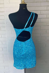 Prom Dresses Pink, Blue Sequin One-Shoulder Cutout Bodycon Homecoming Dress