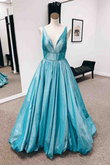 Party Dress For Night, Jade A-line V Neck Cage-Strap Back Satin Long Prom Dress