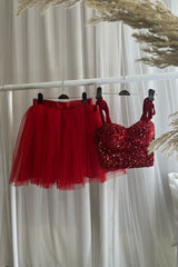 Evening Dresses Off The Shoulder, Red Two-Piece Sequins Top Bow Tie Straps A-line Homecoming Dress
