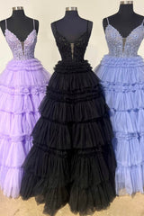 Bridesmaid Dresses Modest, Lilac Floral Layers Spaghetti Straps Lonh Prom Dress