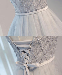 Party Dresses Cocktail, Gray Tulle Beads Short Prom Dress, Gray Homecoming Dress