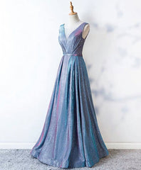 Long Sleeve Wedding Dress, Unique Blue Sequin Long Prom Dress, Blue Formal Dress