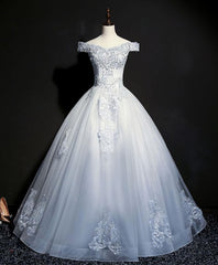 Bridesmaids Dresses Cheap, Blue Tulle Lace Off Shoulder Long Prom Dress, Blue Tulle Lace Evening Dress