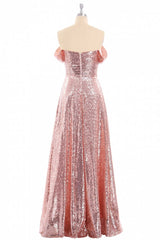 Evening Dresses Australia, Rose Gold Sequin Off-the-Shoulder A-Line Long Bridesmaid Dress
