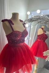 Evening Dresses For Wedding Guest, Red Two-Piece Sequins Top Bow Tie Straps A-line Homecoming Dress