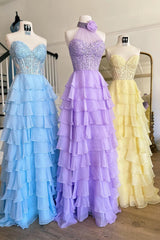 Party Dresses For Teen, Lavender Illusion Halter Flower Appliques Multi-Layers Long Prom Dress