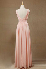 Formal Dresses Over 56, Elegant Plush Pink V-Neck Open Back A-Line Long Bridesmaid Dress