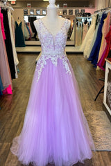 Bridesmaids Dress Peach, Lilac A-line Beaded Appliques Sleeveless Plunging V Neck Tulle Long Prom Dress