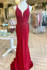 Homecoming Dresses Simples, Red Beaded Plunge V Mermaid Long Formal Dress