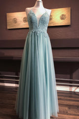 Evening Dress 2039, Dusty Green A-line V Neck Cross Back Appliques Tulle Long Prom Dress