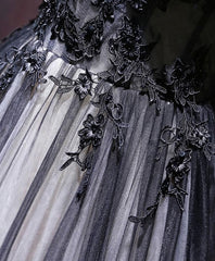 Wedding, Black V Neck Tulle Lace Applique Long Prom Dress, Black Evening Dress, 1