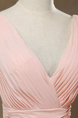 Formal Dresses For Winter Wedding, Elegant Plush Pink V-Neck Open Back A-Line Long Bridesmaid Dress
