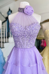 Party Dresses Website, Lavender Illusion Halter Flower Appliques Multi-Layers Long Prom Dress
