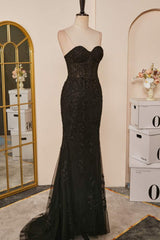 Prom Dresses Country, Black Strapless Appliques Mermaid Long Prom Dress with Slit