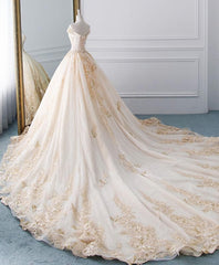Wedding Dresses Vintage Style, Unique Champagne Tulle Lace Long Wedding Dress, Bridal Gown