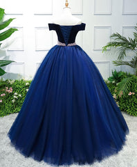 Party Dress Classy Christmas, Dark Blue Tulle Off Shoulder Long Prom Dress, Blue Sweet 16 Dress