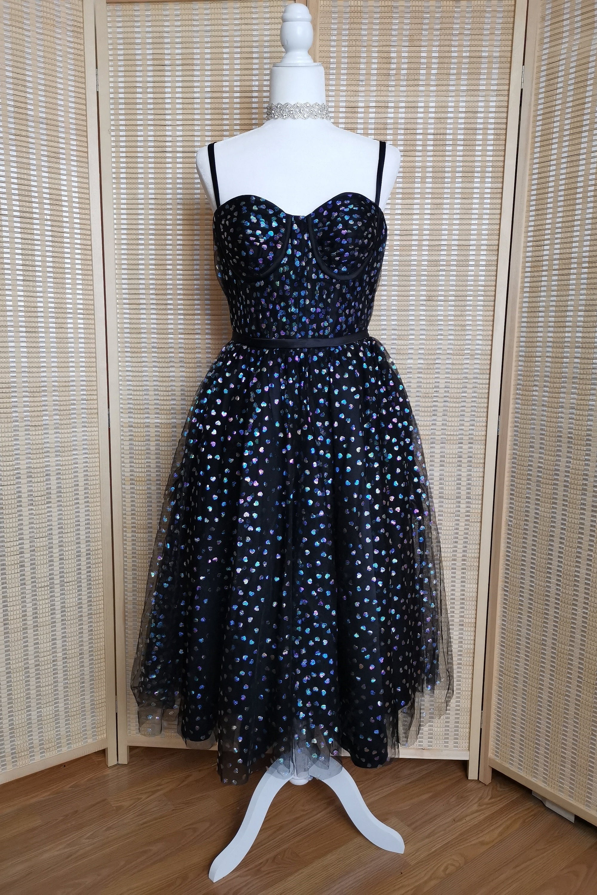 Prom Dresses Long Mermaide, Black A-line Lace-Up Iridescent Prints Tulle Homecoming Dress