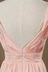 Formal Dresses For Fall Wedding, Elegant Plush Pink V-Neck Open Back A-Line Long Bridesmaid Dress