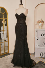 Prom Dress With Tulle, Black Strapless Appliques Mermaid Long Prom Dress with Slit