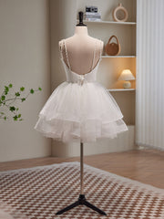 Formal Dresses Gown, White Spaghetti Strap Tulle Short Prom Dress, Cute A-Line Party Dress