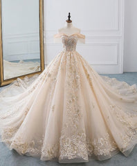 Wed Dress Lace, Champagne Off Shoulder Tulle Lace Long Wedding Dress, Wedding Gown