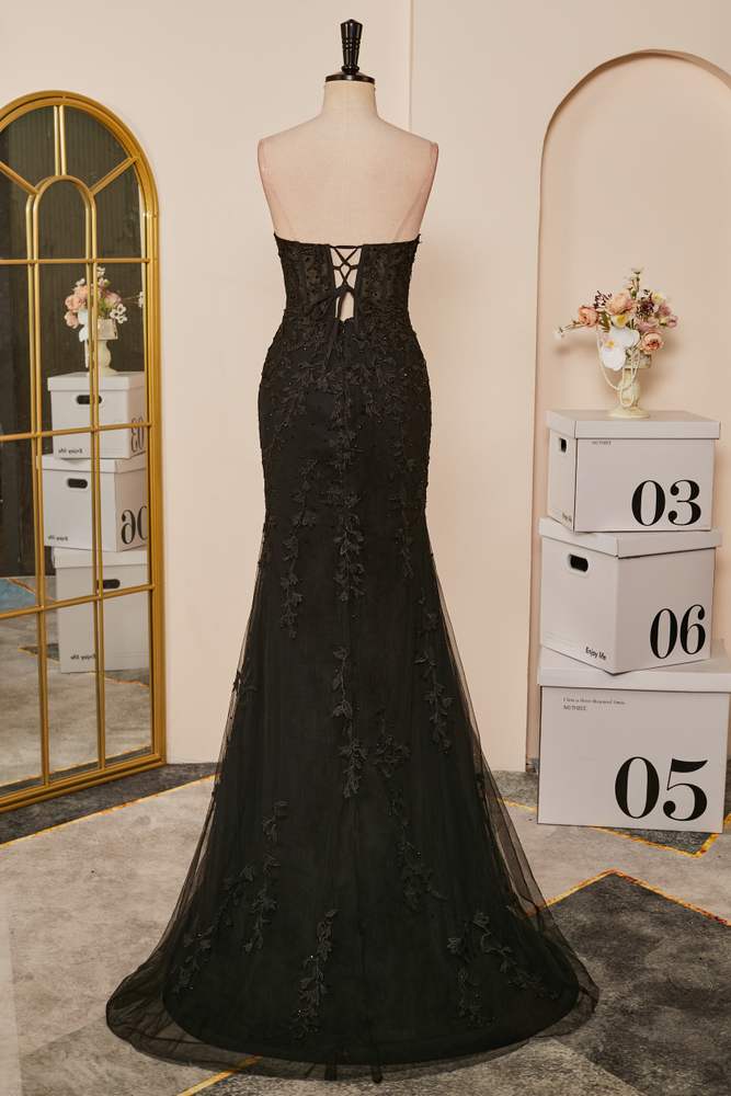 Prom Dresses Champagne, Black Strapless Appliques Mermaid Long Prom Dress with Slit