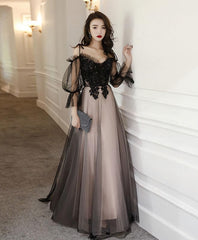 Boho Wedding, Black Tulle A Line Lace Long Prom Dress, Tulle Lace Formal Dress