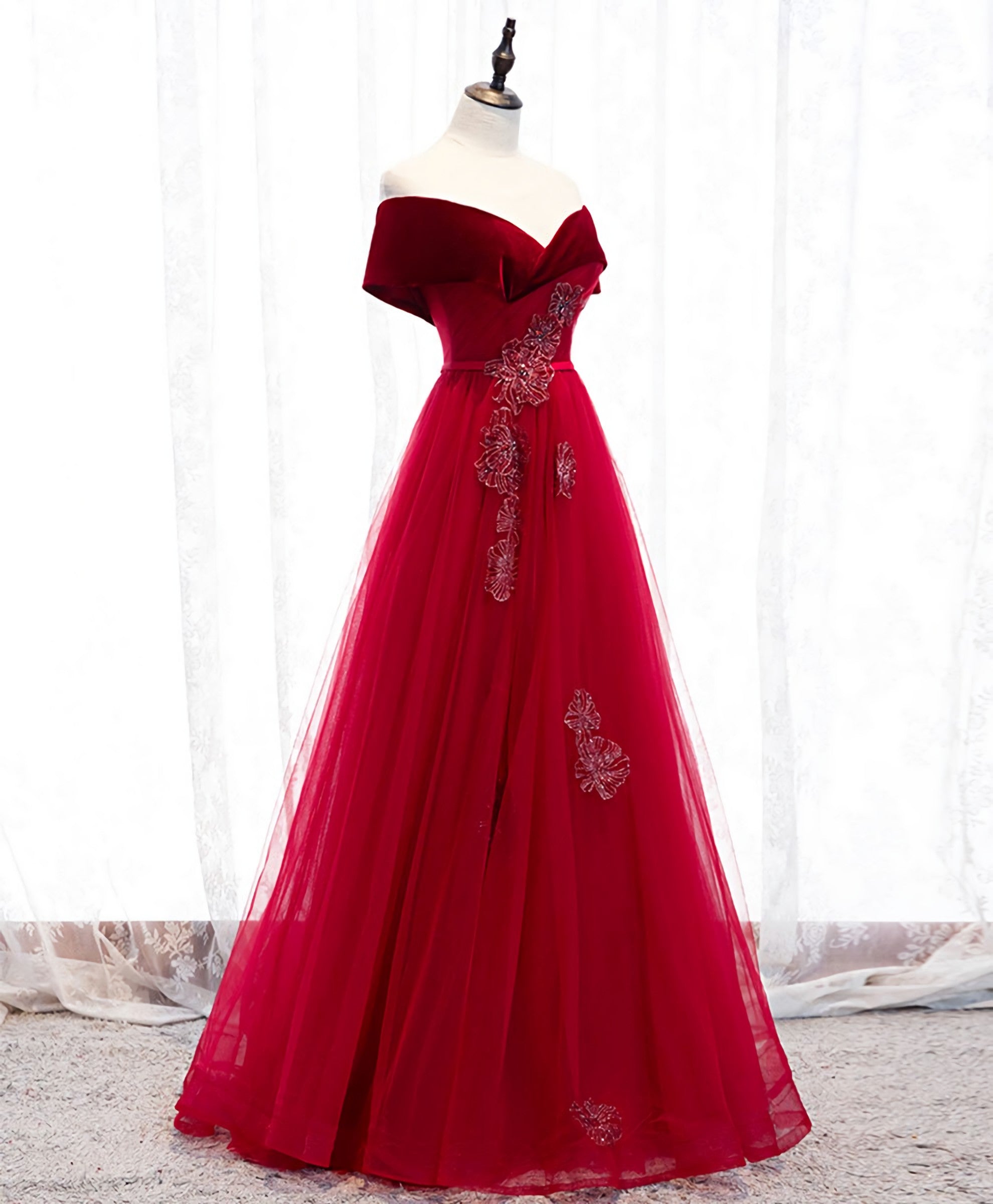 Prom Inspo, Burgundy Tulle Off Shoulder Long Prom Dress, Burgundy Formal Dress