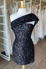 Prom Dress Under 67, Black Sequin One-Shoulder Mini Party Dress