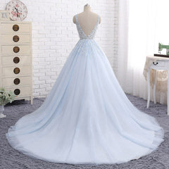 Long Dress Formal, Ball Gown Chapel Train V Neck Sleeveless Backless Appliques Prom Dresses