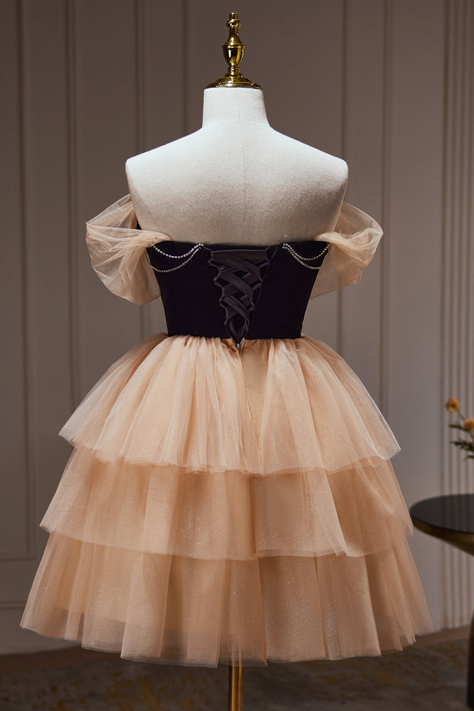 Vintage Prom Dress, Chic Champagne Off The Shoulder Beading Tulle Short Homecoming Dresses