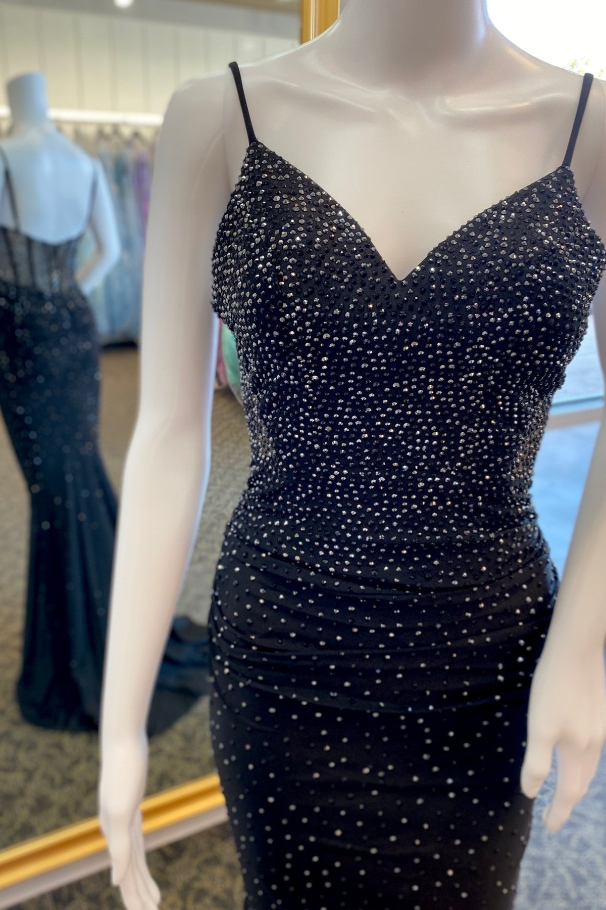Prom Dress Tight Fitting, Black Beaded Straps V Neck Mermaid Long Prom Dress